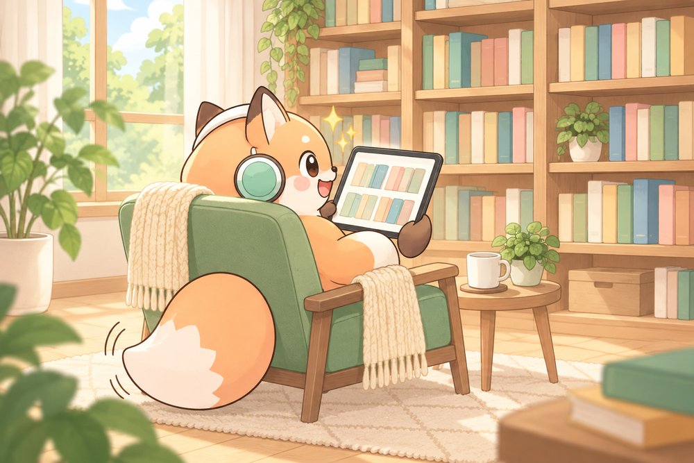 本棚の前でタブレットの本の背を選ぶキツネのナビ助
