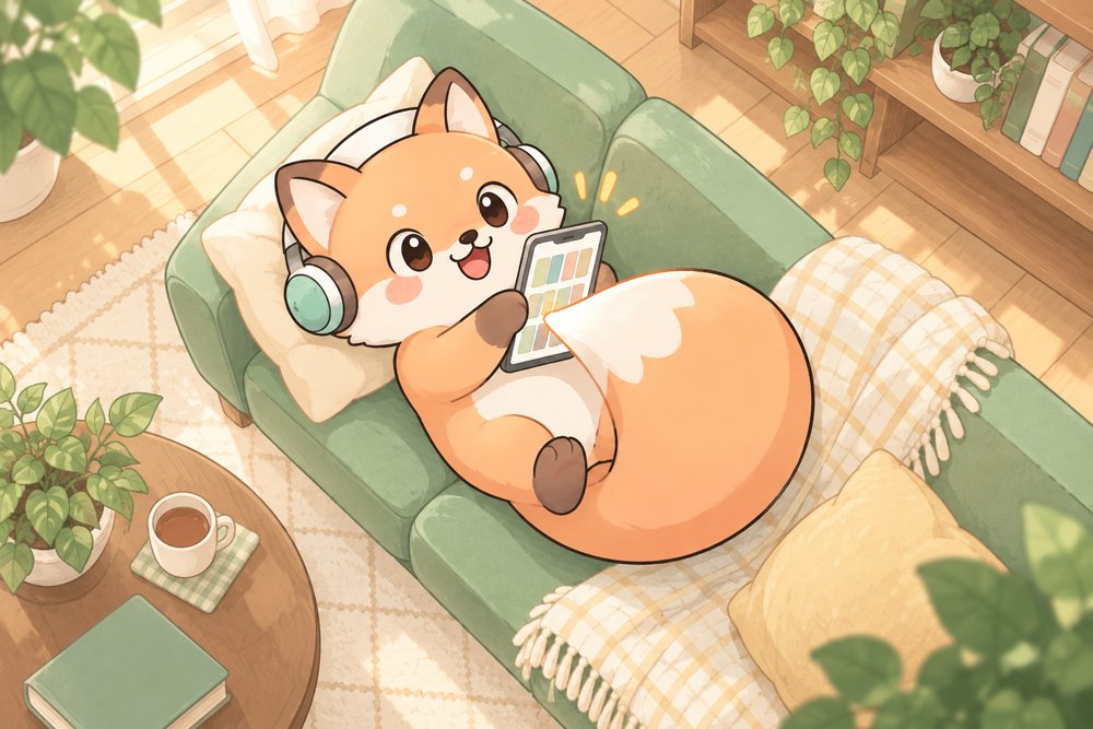 ソファに寝ころんでスマホをスクロールするキツネのナビ助