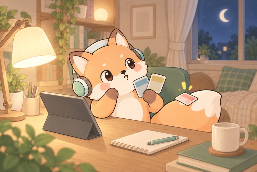 夜のスタンドの下でカードを見くらべて考えるキツネのナビ助