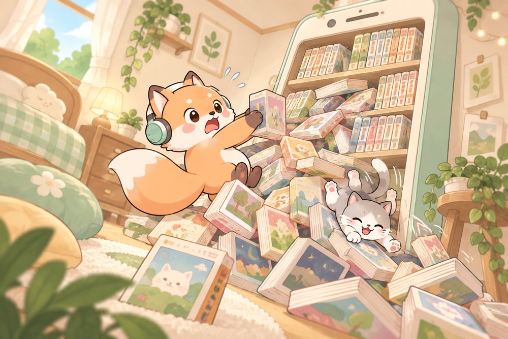 漫画があふれるスマホの本棚にあせるキツネのナビ助
