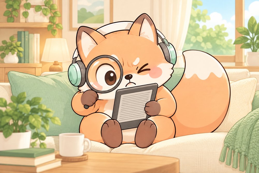 小さな文字を虫めがねでのぞきこむキツネのナビ助
