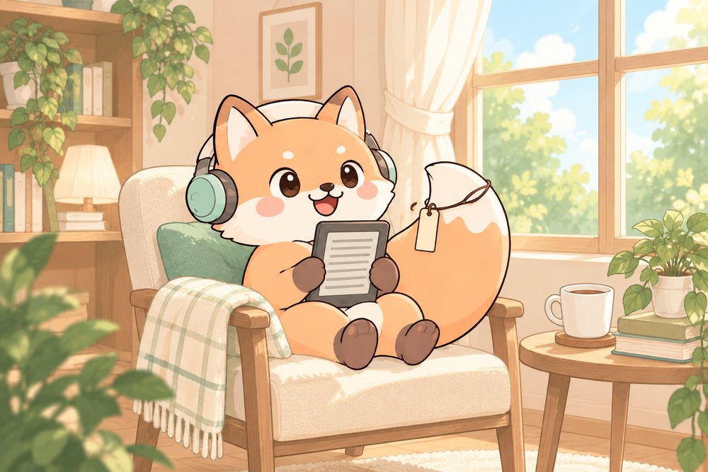 読みやすい設定にできてしっぽに栞をつけたキツネのナビ助