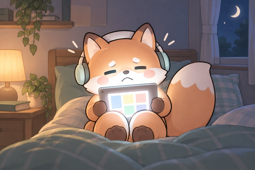 夜のベッドでタブレットの光がまぶしくてしょぼしょぼするキツネのナビ助