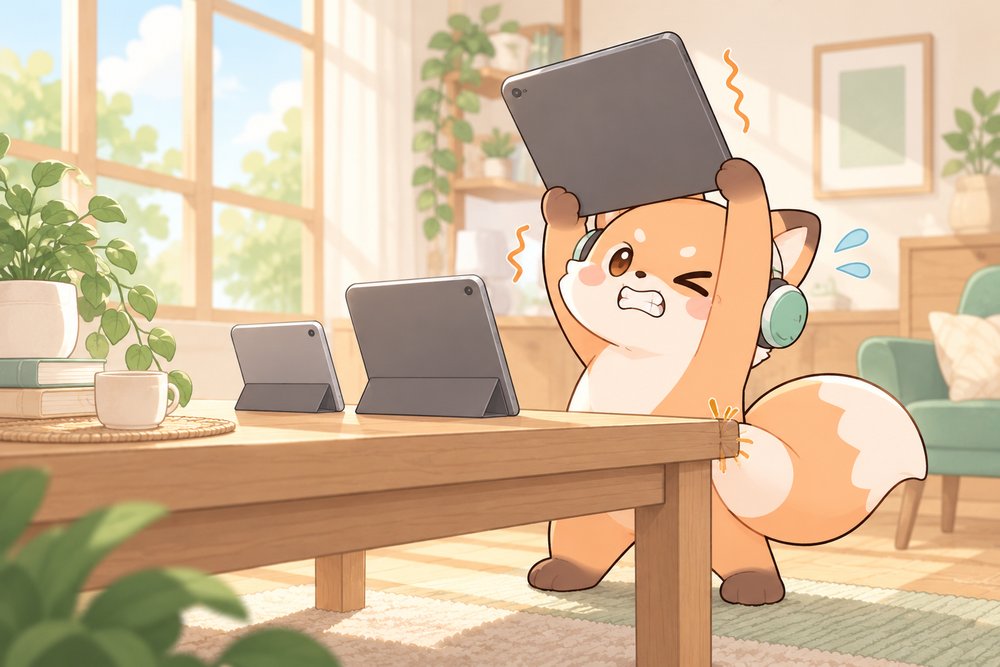 大きなタブレットを持ち上げてしっぽでふんばるキツネのナビ助