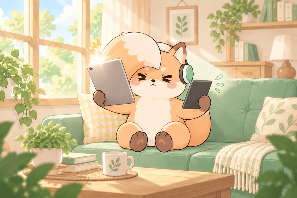 タブレットとリーダーを見比べてしっぽで日よけするキツネのナビ助