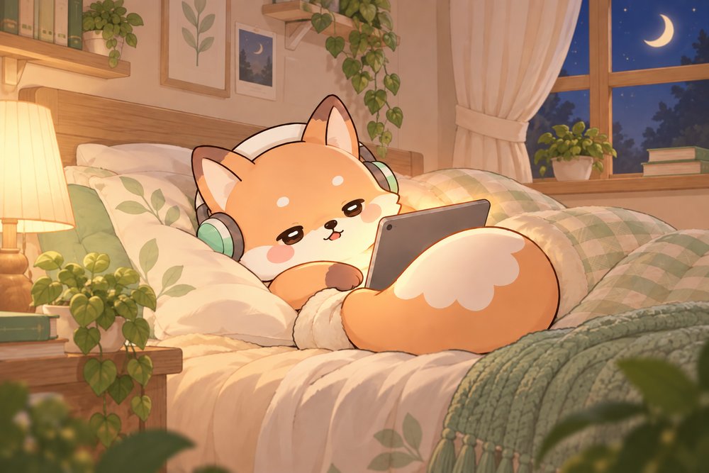 しっぽでタブレットを支えて寝る前に読書するキツネのナビ助