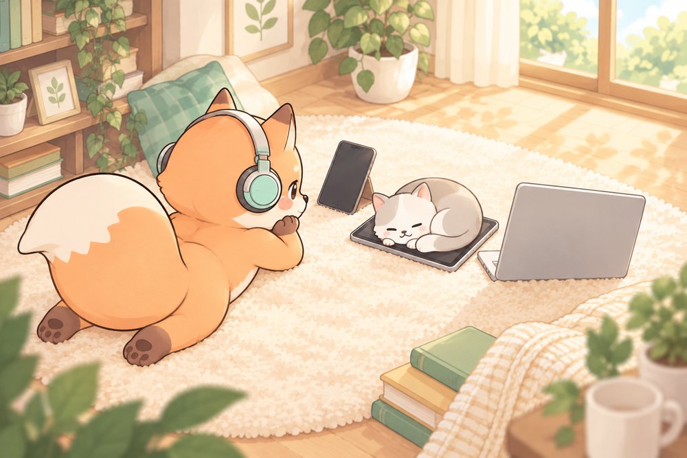 スマホとタブレットとPCを並べて見比べるキツネのナビ助