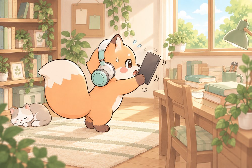 本が見つからず電子書籍リーダーをふってあせるキツネのナビ助