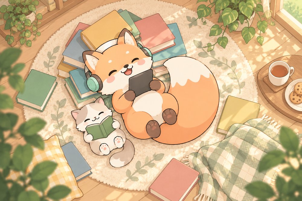 本の山にもたれてネコと読書を楽しむキツネのナビ助