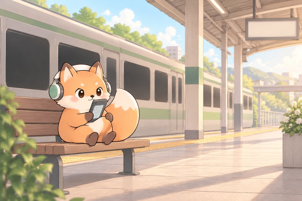 駅のベンチでスマホの表示を整えて読むキツネのナビ助