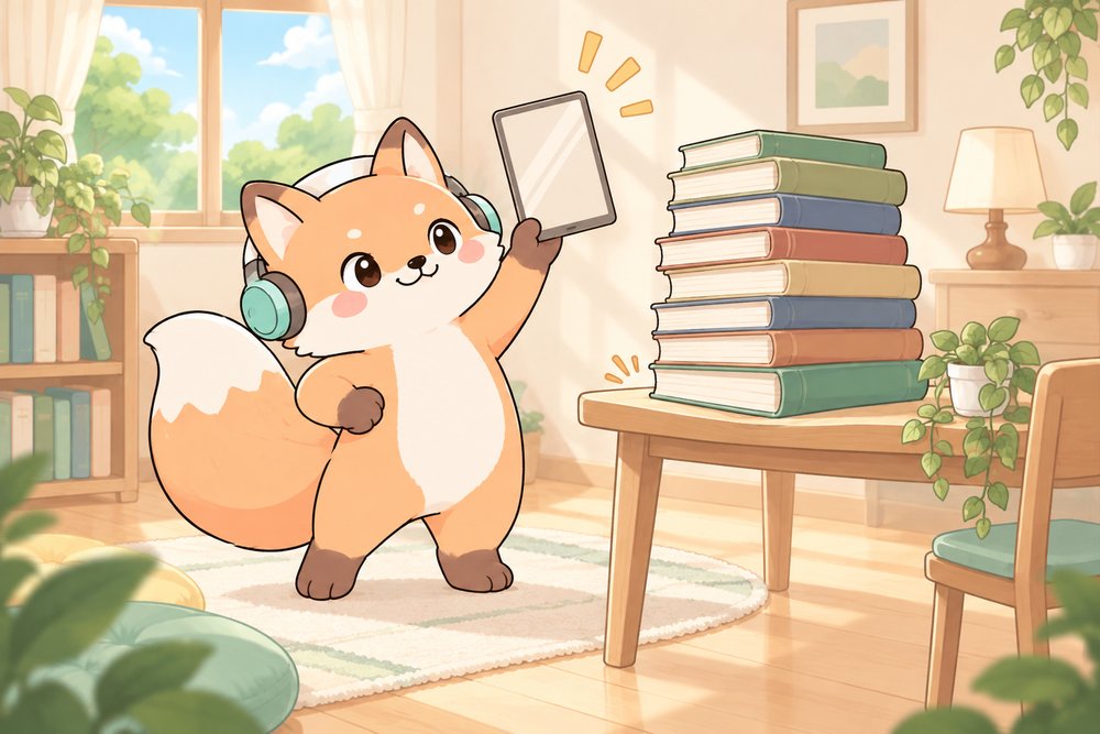 薄いタブレットを本の山とくらべるキツネのナビ助