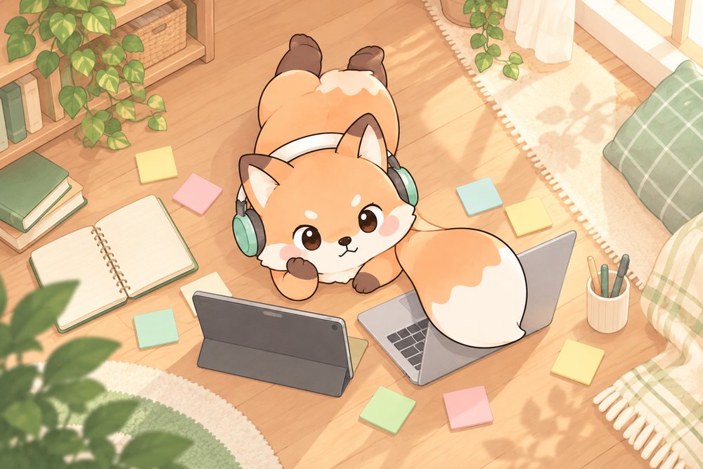 床に寝ころんでタブレットとPCで勉強するキツネのナビ助