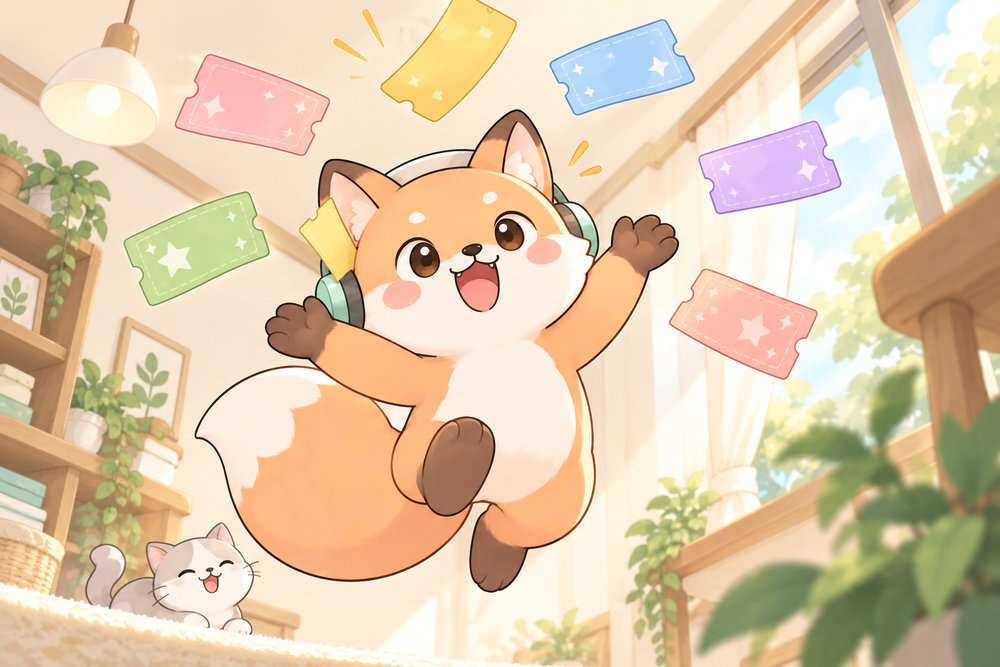 降ってくるクーポン券をジャンプでキャッチするキツネのナビ助