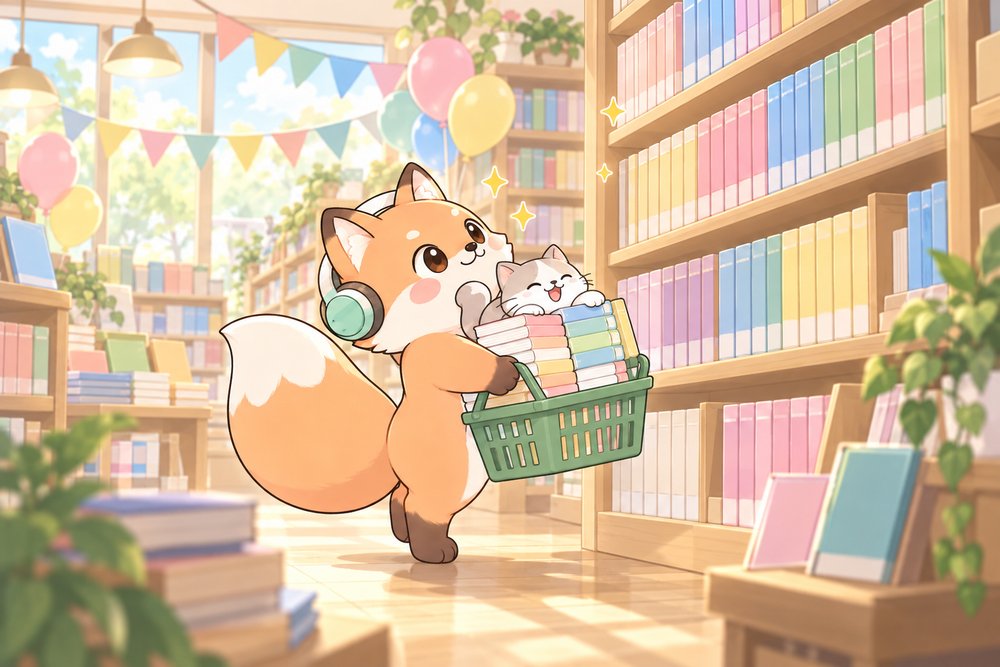 セール中の本屋で漫画をまとめ買いするキツネのナビ助