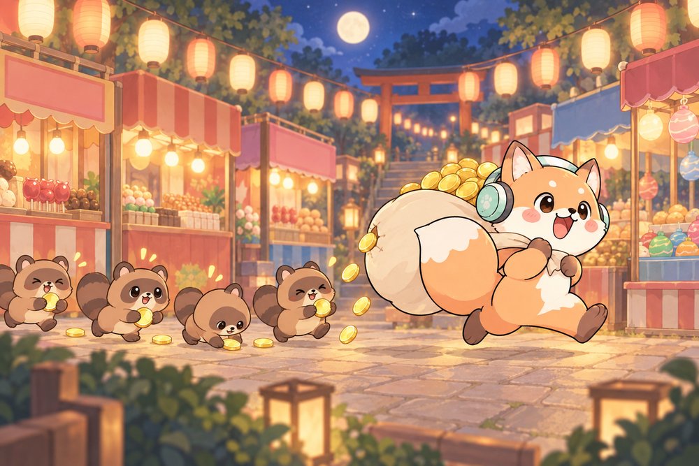 お祭りでコインの袋をかついで走るキツネのナビ助