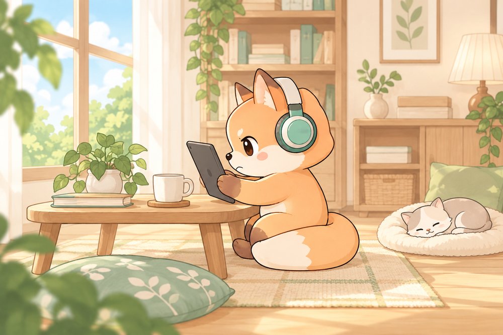 しっぽを座布団にしてタブレットで登録するキツネのナビ助