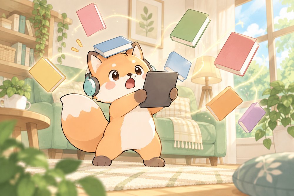 タブレットから飛び出す本に驚くキツネのナビ助
