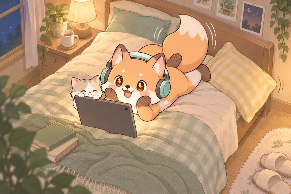 ベッドでネコと一緒に漫画を読むキツネのナビ助