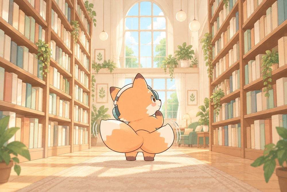 向かい合う本棚の真ん中で迷うキツネのナビ助