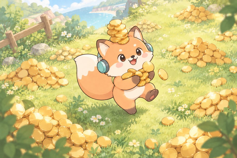 コインをかき集めてスキップするキツネのナビ助