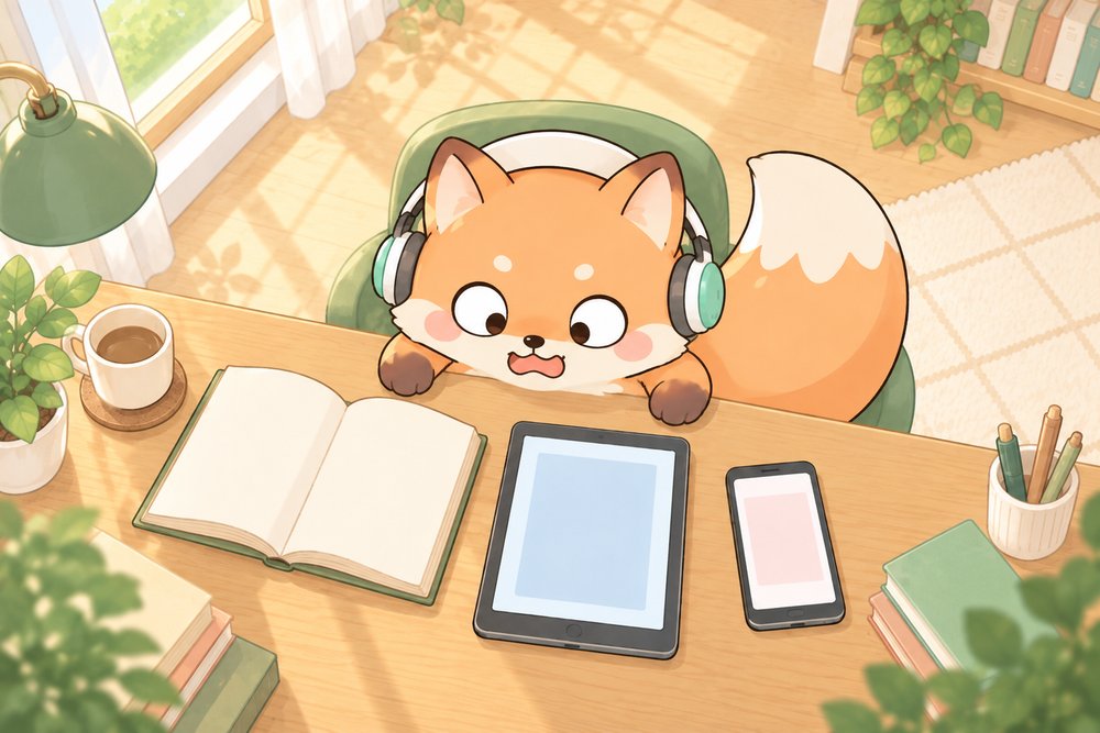 紙の本とタブレットとスマホを見くらべてきょろきょろするキツネのナビ助