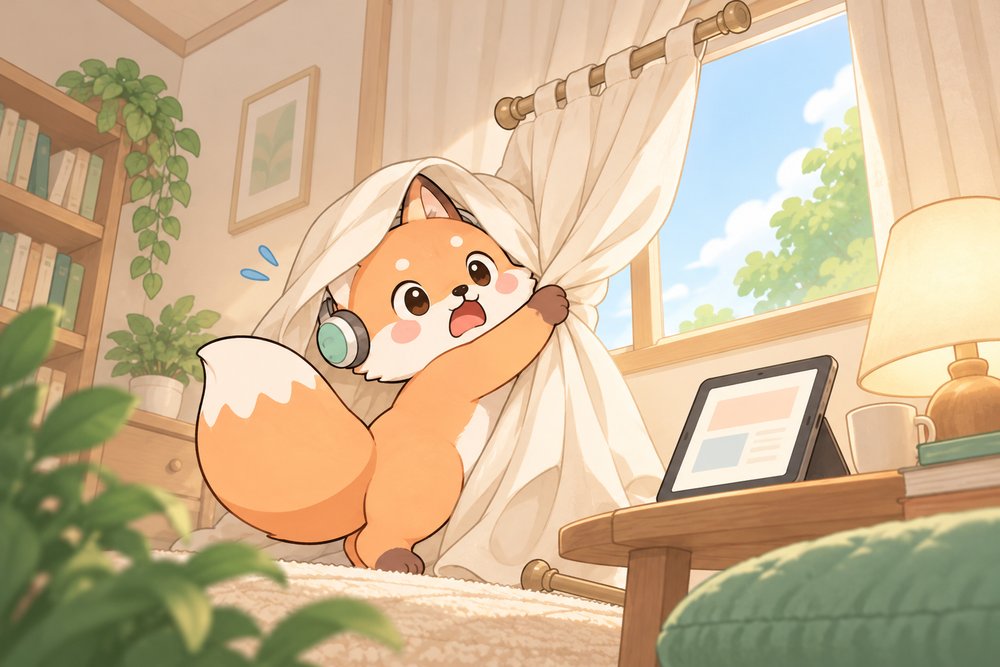 カーテンを引っぱって頭からかぶってしまうキツネのナビ助