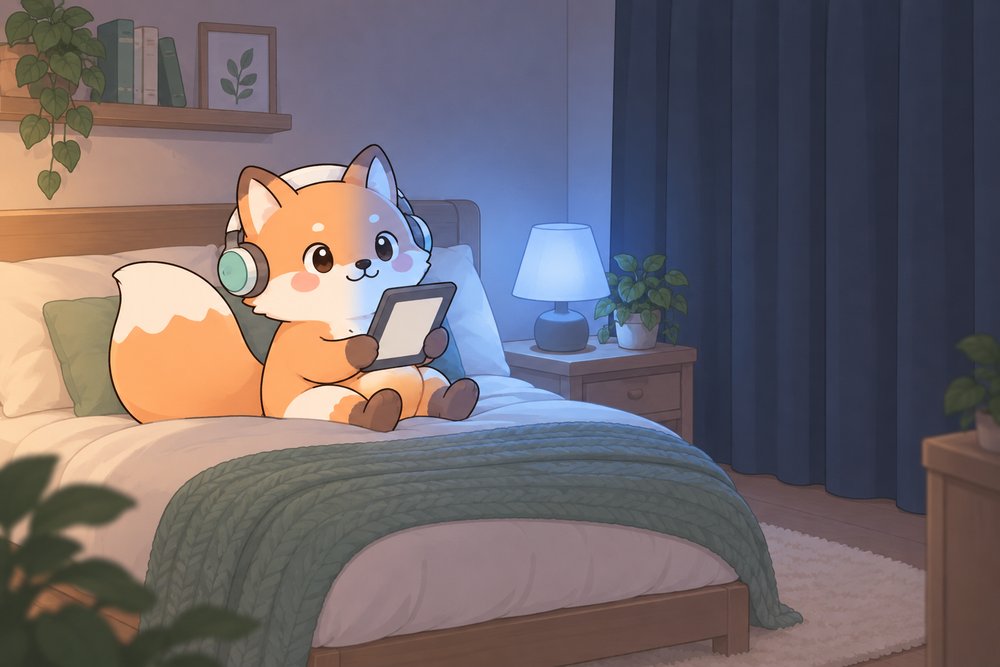 青い光のスタンドの下でベッドで電子書籍を読むキツネのナビ助